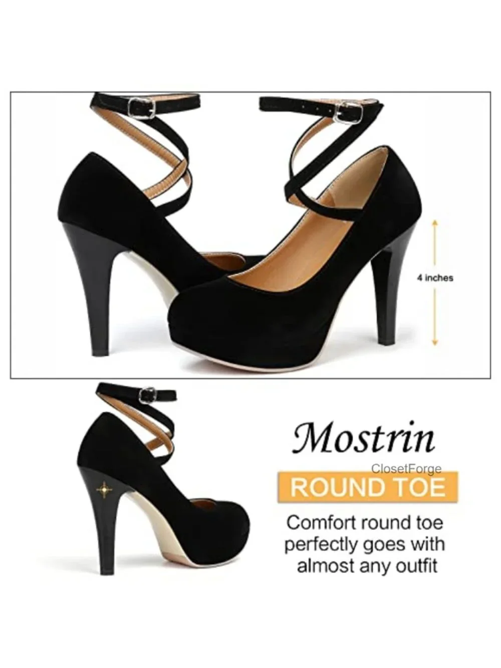 Vintage Women's Platform Pumps with Ankle Strap, 4 Inch High Heel, Faux